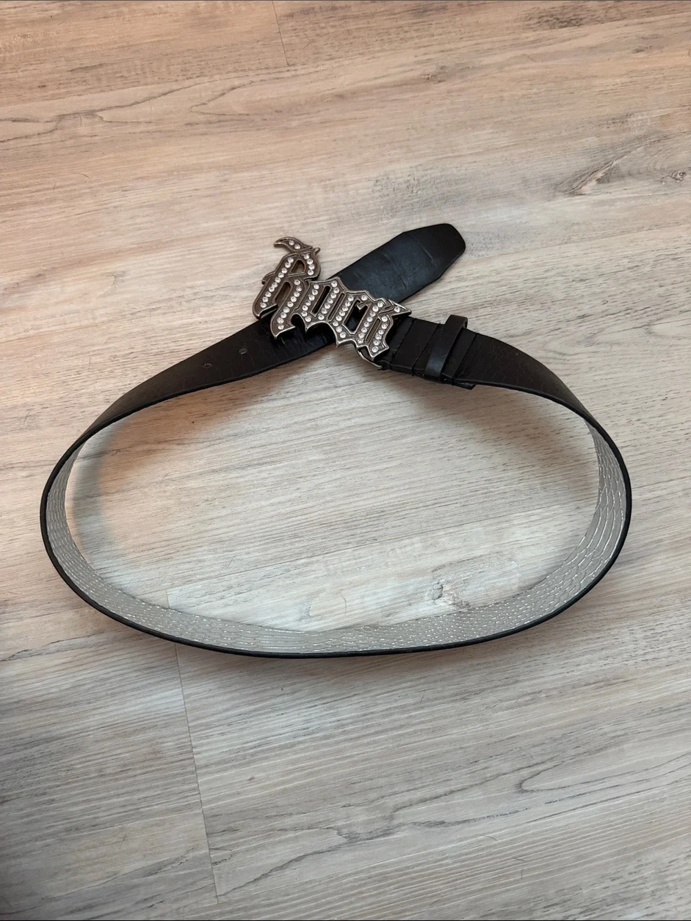 Black Rhinestone Logo Leather Belt